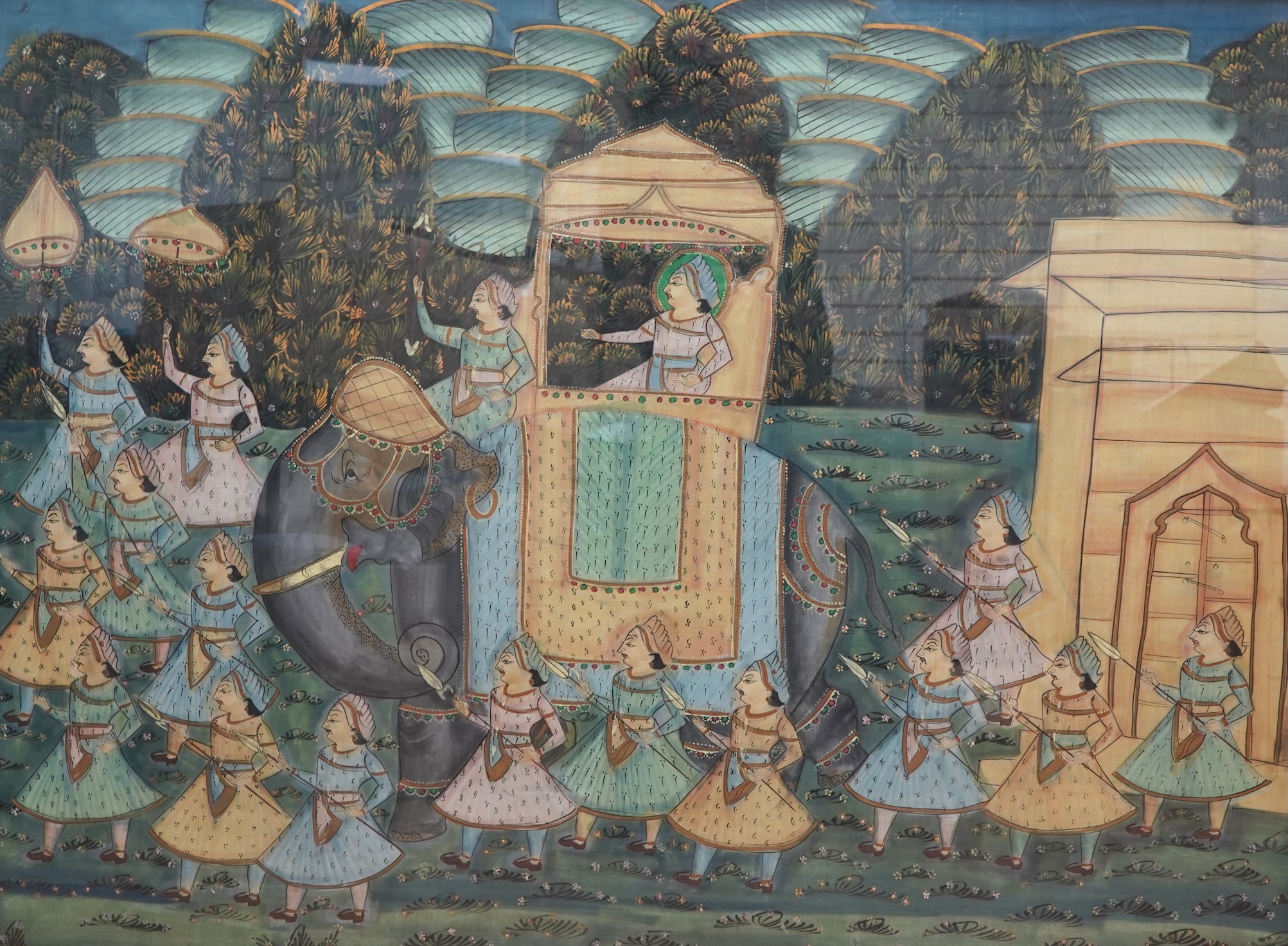 Indian School, 20th century, Procession of figures with elephant, gouache, 79 x 108cm
